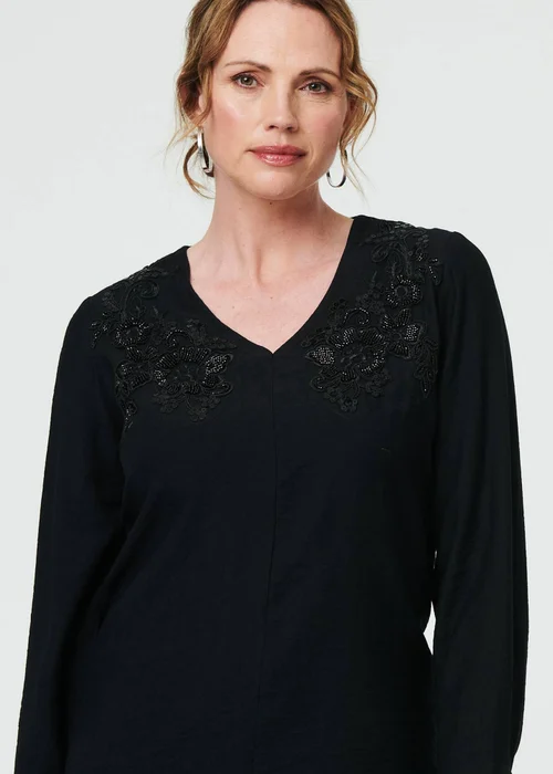 Izabel London Black Floral Embroidered Long Sleeve Top - 12 Image 3