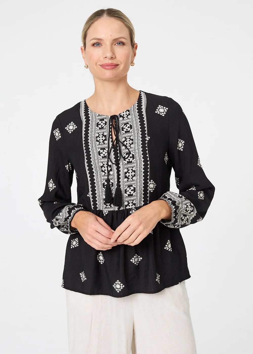 Izabel London Black Border Print Long Sleeve Tassel Blouse - 12 Image 1