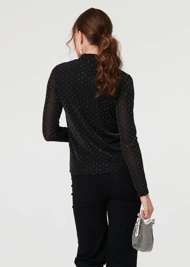 Izabel London Black Sparkly Semi Sheer Textured Mesh Top