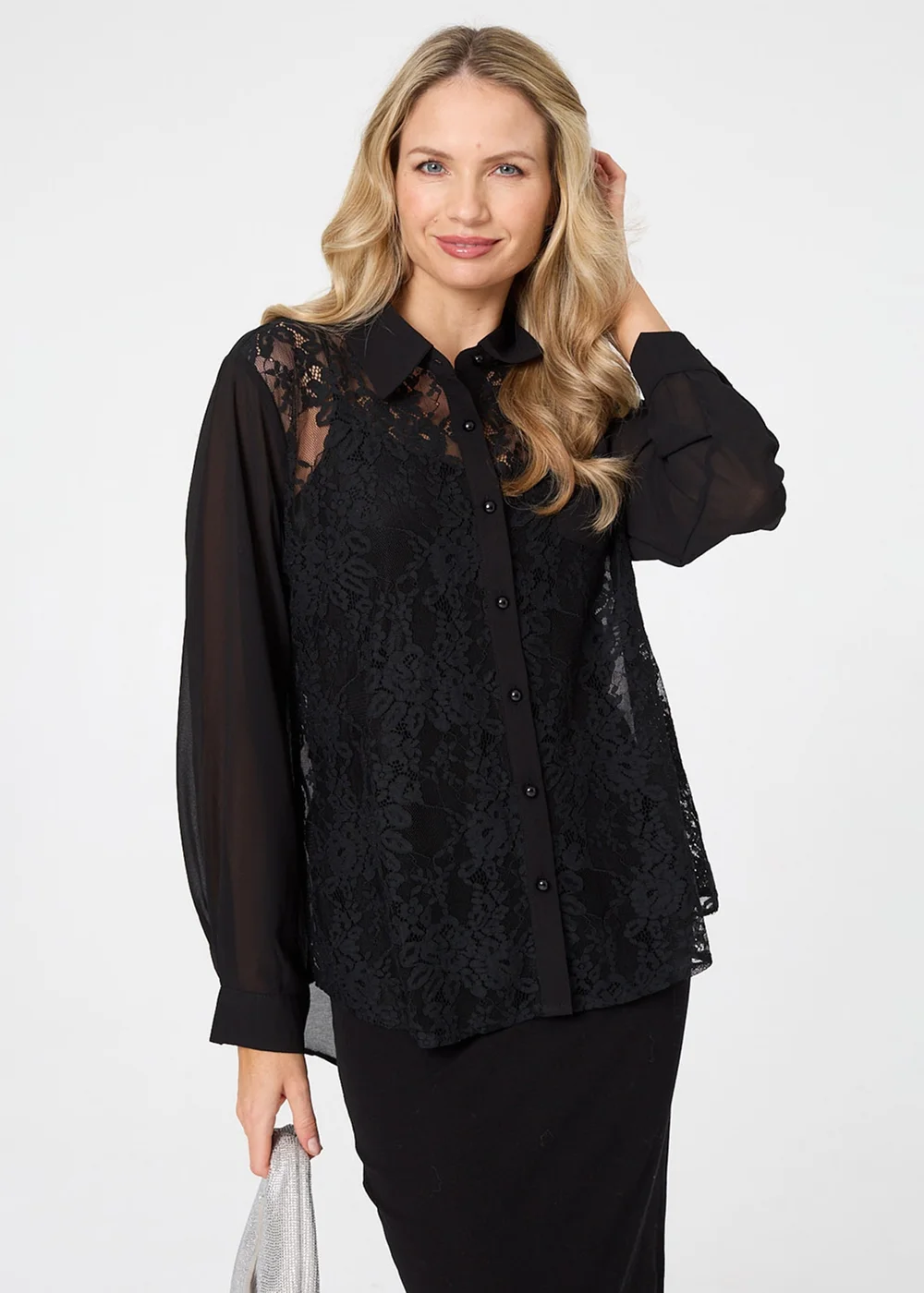 Izabel London Black Floral Lace Semi Sheer Long Sleeve Shirt - 8 Image 1