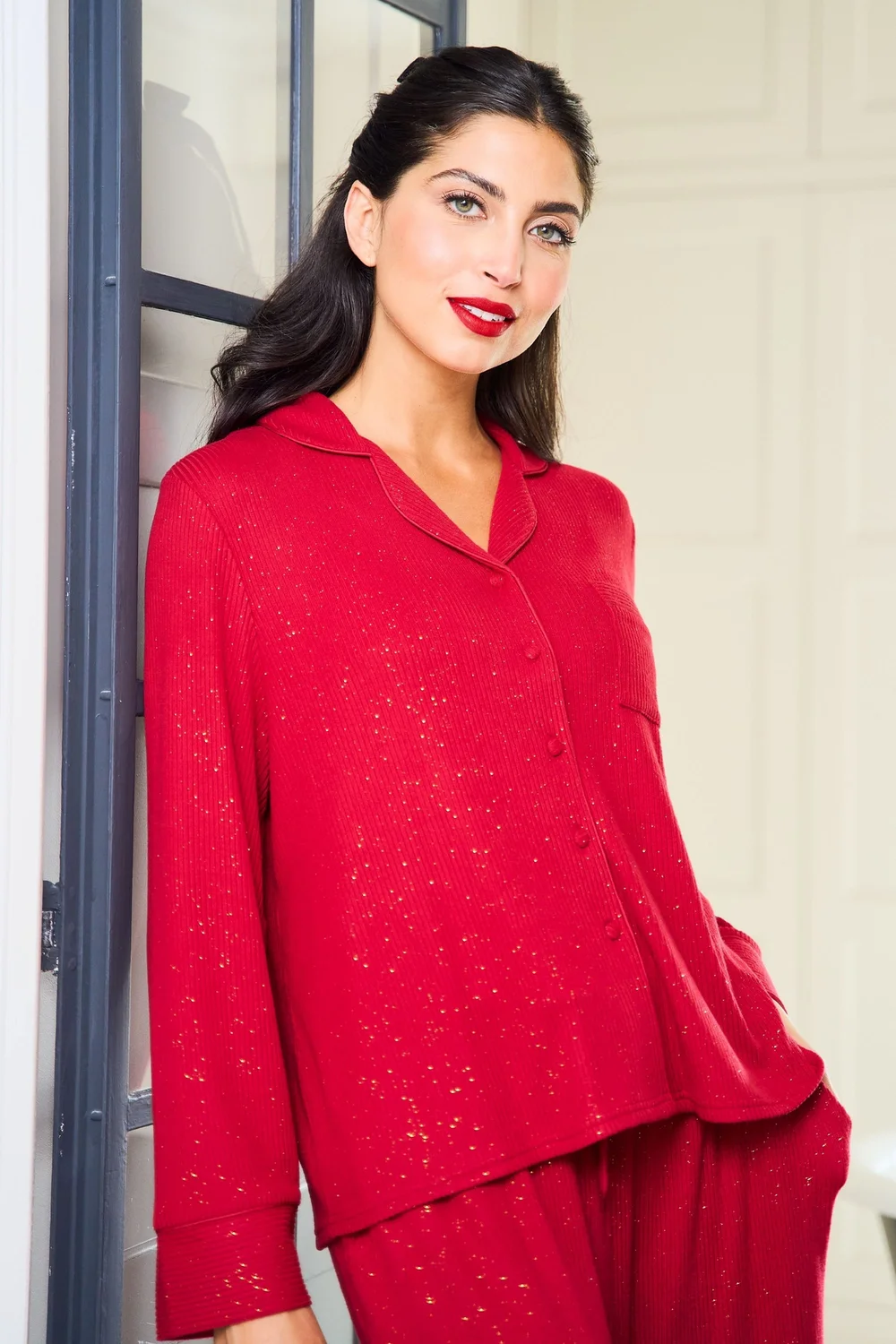 JimJam Red Ribbed Sparkle Pyjama Set - Medium Image 2