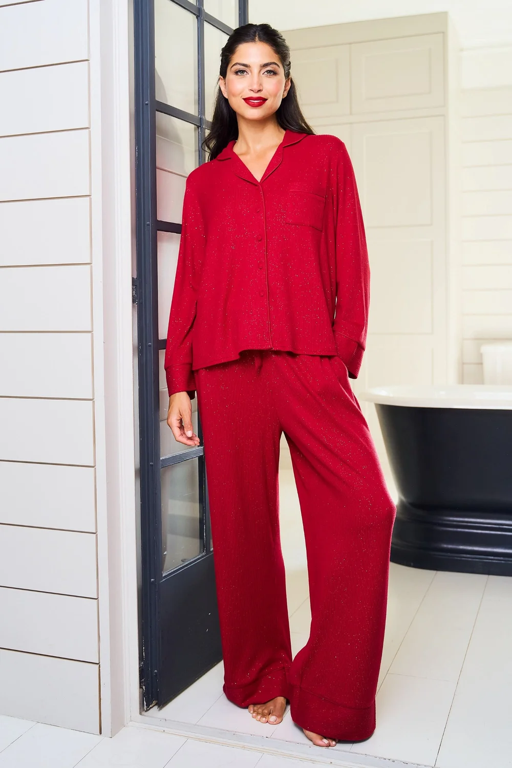 JimJam Red Ribbed Sparkle Pyjama Set - Medium Image 1