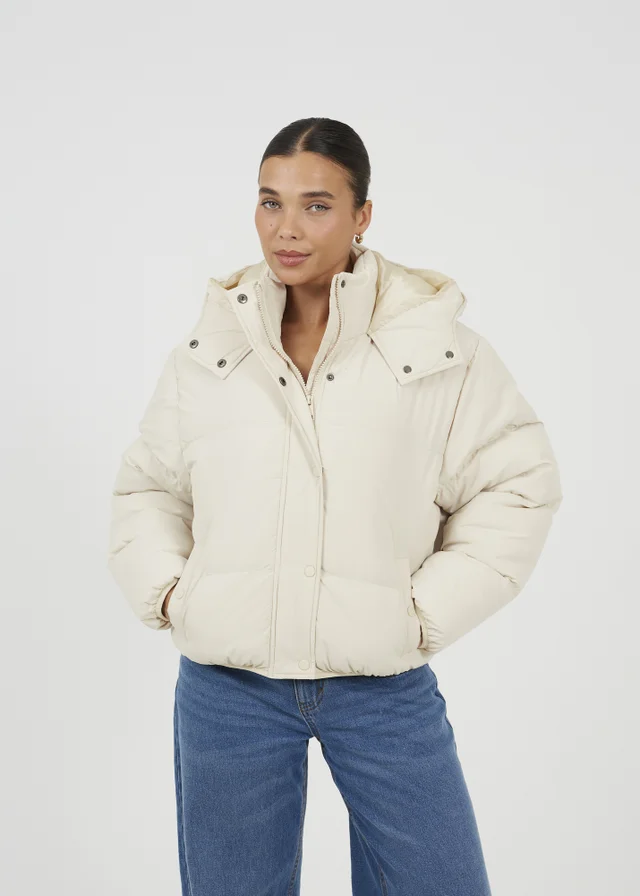Brave Soul Cream Oversized Hooded Short Puffer Jacket