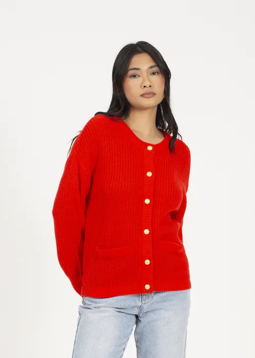Brave Soul Red Round Neck Fisherman Knit Cardigan - Extra Large Image 1