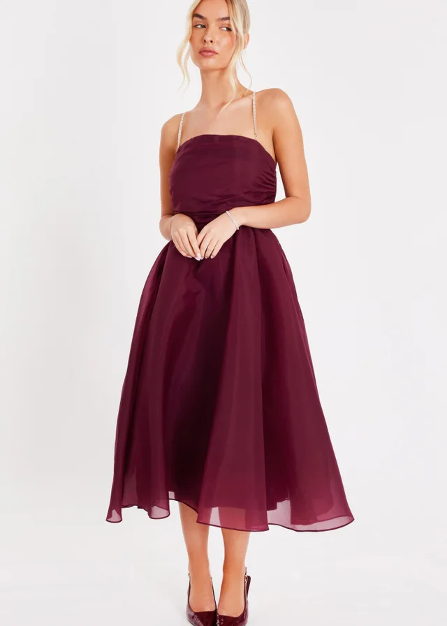 Quiz Burgundy Organza Midi Skater Dress