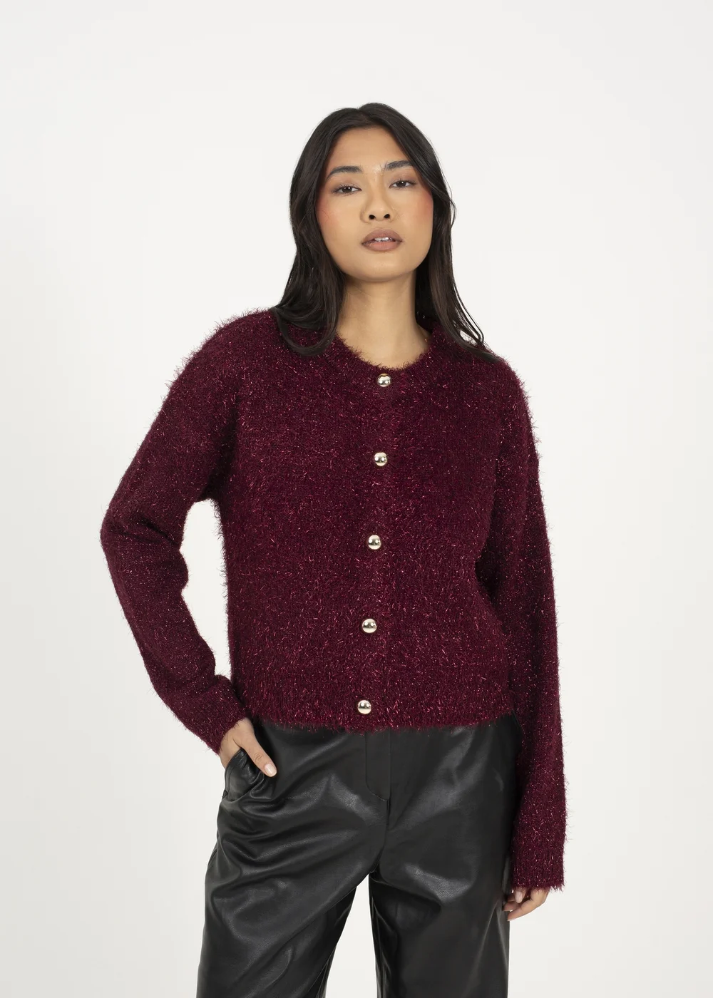 Brave Soul Burgundy Fluffy Tinsel Knit Cardigan - XS Image 1