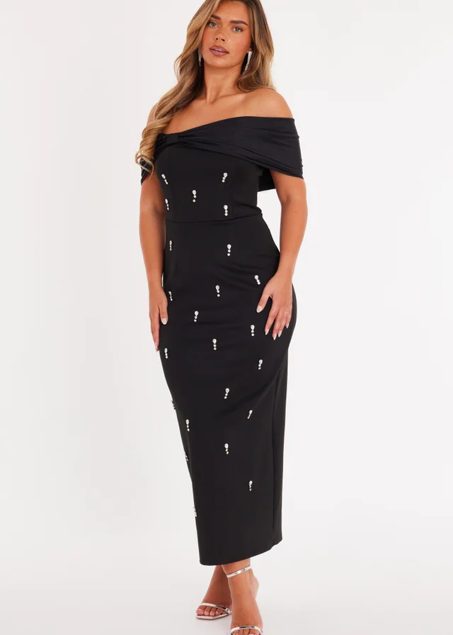 Quiz Black Embellished Bardot Midaxi Dress