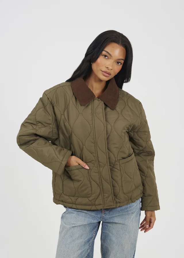 Brave Soul Khaki Onion Quilted Jacket With Corduroy Collar
