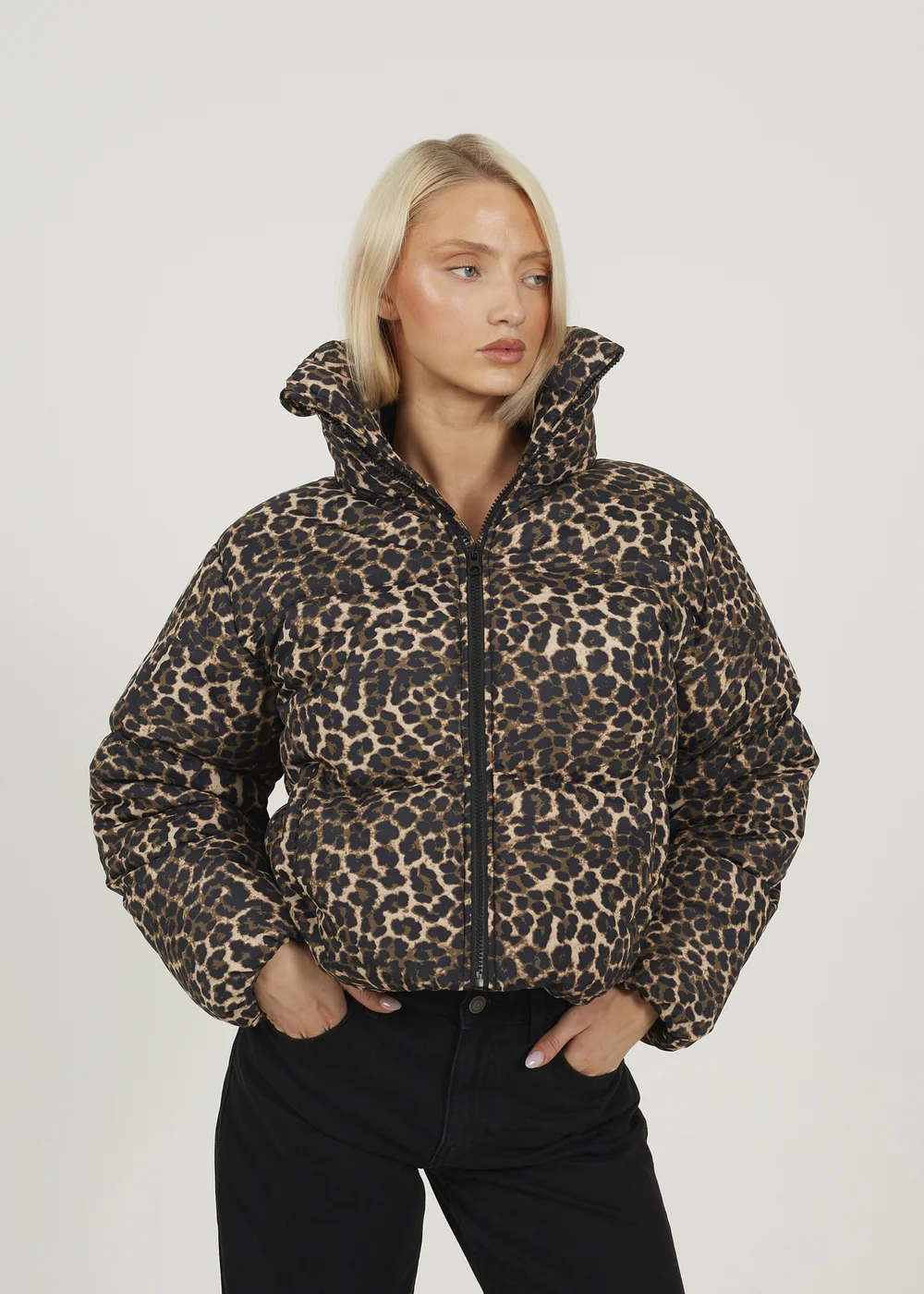 Brave Soul Brown Leopard Print Short Puffer Jacket With Oversized Collar - 14 Image 1