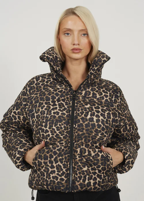 Brave Soul Brown Leopard Print Short Puffer Jacket With Oversized Collar - 14 Image 3