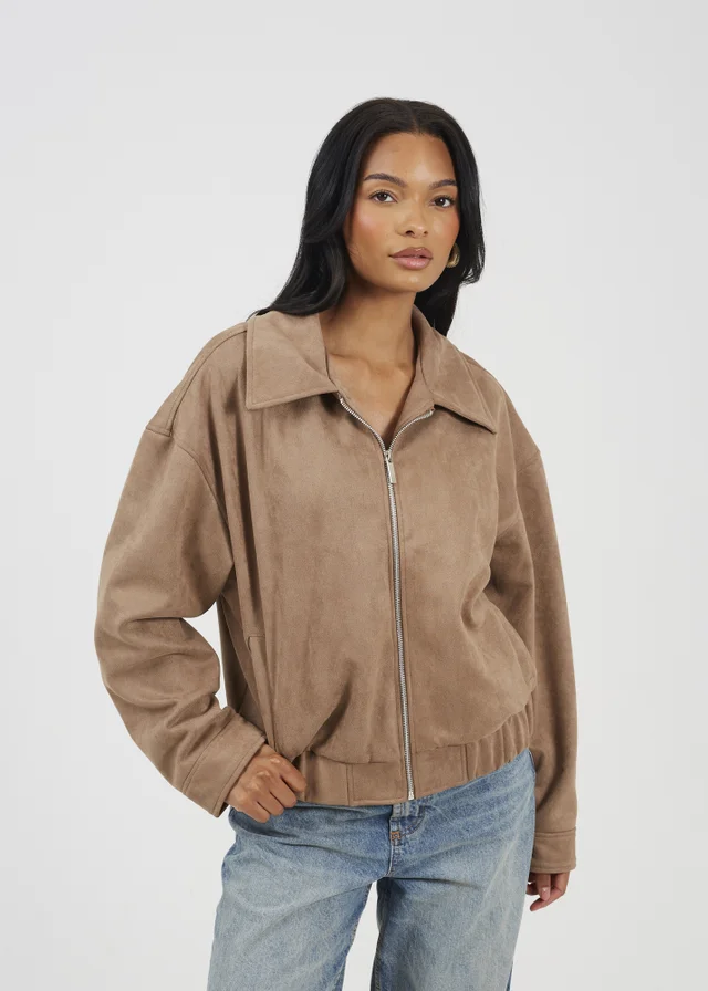 Brave Soul Taupe Faux Suede Bomber Jacket