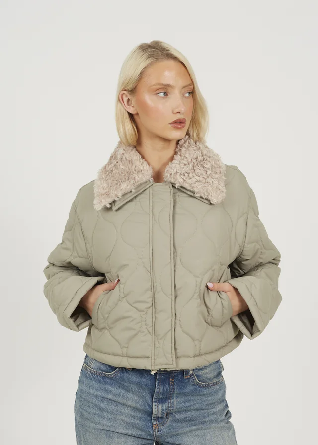 Brave Soul Soft Green Onion Qulited Jacket With Faux Fur Collar