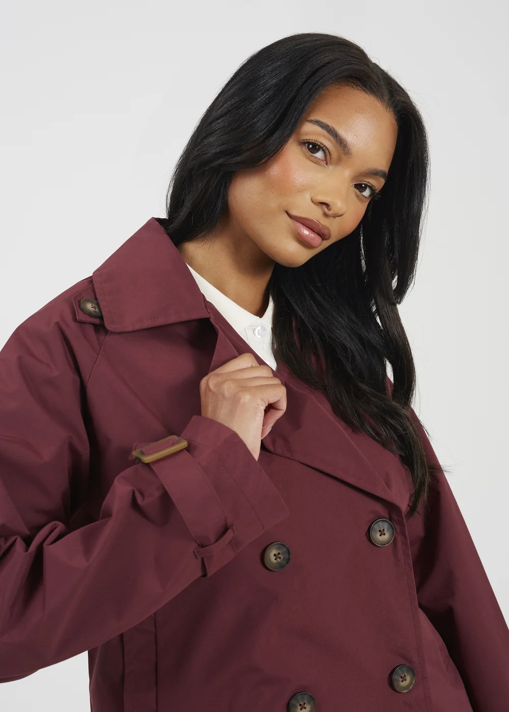 Brave Soul Burgundy Double Breasted Short Trench Coat - 12 Image 3
