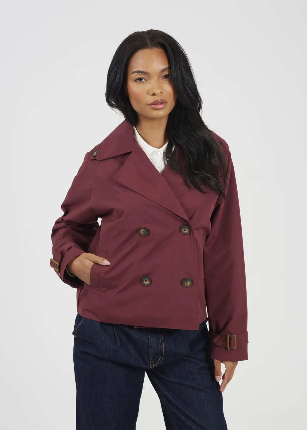 Brave Soul Burgundy Double Breasted Short Trench Coat - 12 Image 1