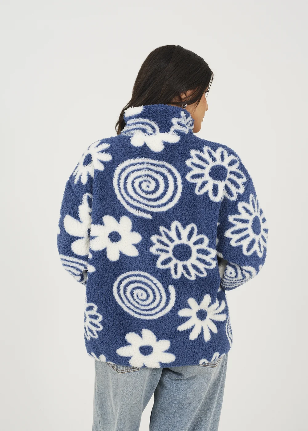 Brave Soul Blue Quarter Zip Flower Print Sherpa Fleece - S Image 2