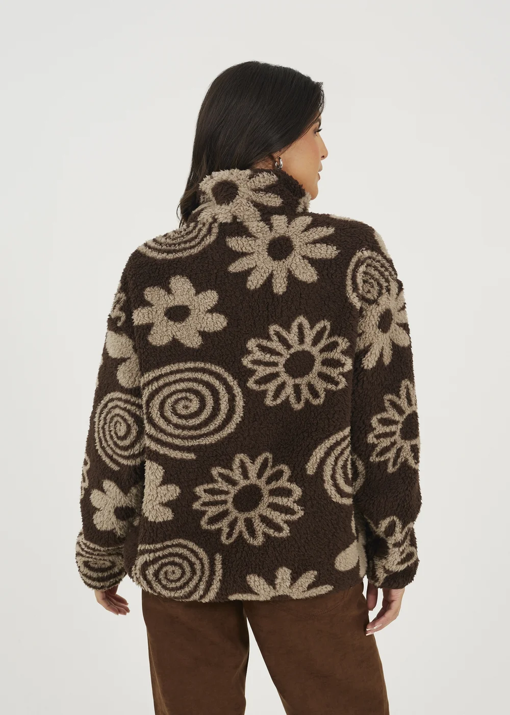 Brave Soul Chocolate Quarter Zip Flower Print Sherpa Fleece - M Image 2