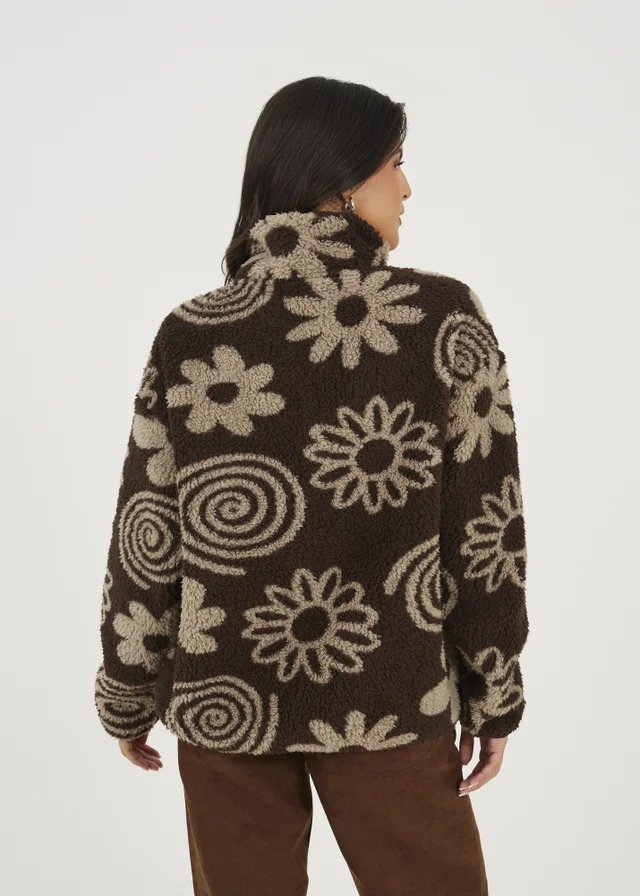 Brave Soul Chocolate Quarter Zip Flower Print Sherpa Fleece