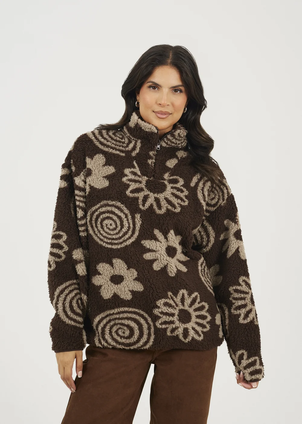 Brave Soul Chocolate Quarter Zip Flower Print Sherpa Fleece - M Image 1