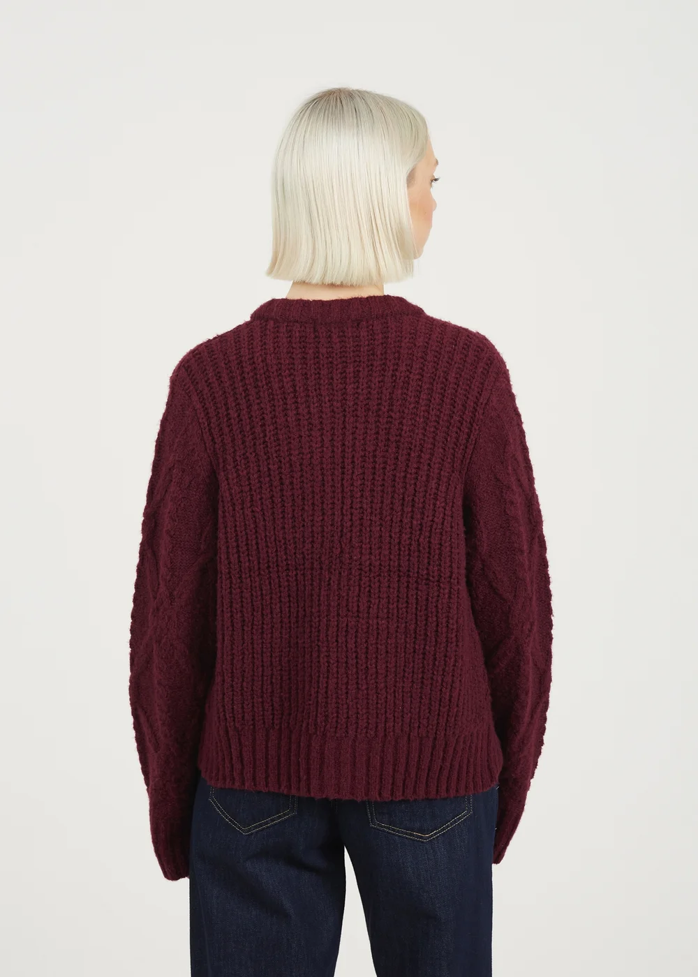 Brave Soul Burgundy Crew Neck Cable Knit Cardigan With Bow - Medium Image 2