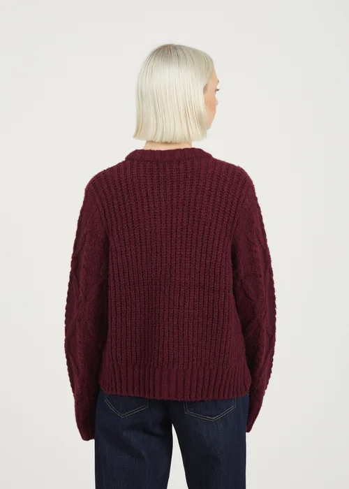 Brave Soul Burgundy Crew Neck Cable Knit Cardigan With Bow - Medium Image 2