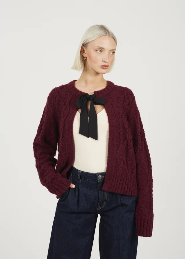 Brave Soul Burgundy Crew Neck Cable Knit Cardigan With Bow