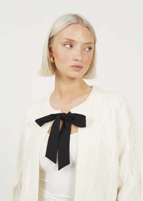 Brave Soul Cream Crew Neck Cable Knit Cardigan With Bow - S Image 3