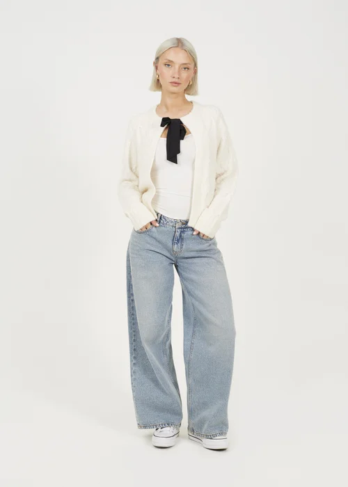 Brave Soul Cream Crew Neck Cable Knit Cardigan With Bow - S Image 4