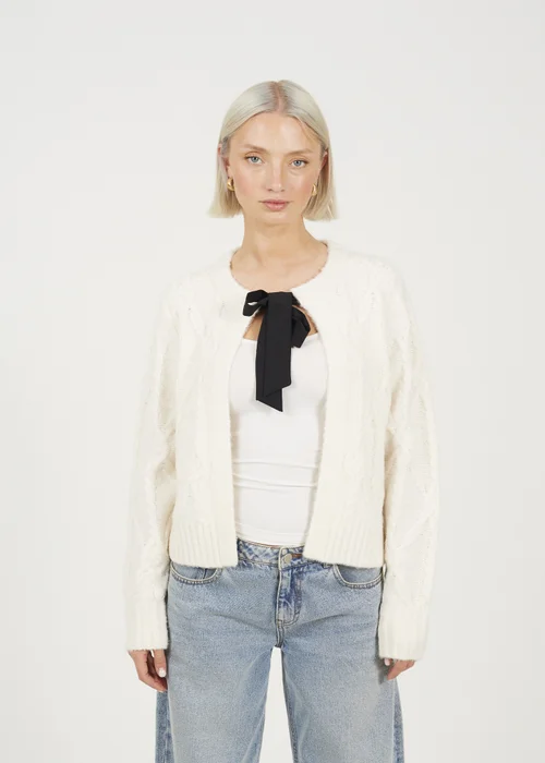 Brave Soul Cream Crew Neck Cable Knit Cardigan With Bow - S Image 1