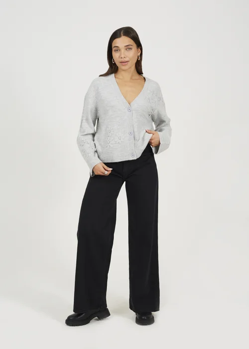 Brave Soul Light Grey Floral Embroidery V-Neck Cardigan - XS Image 4