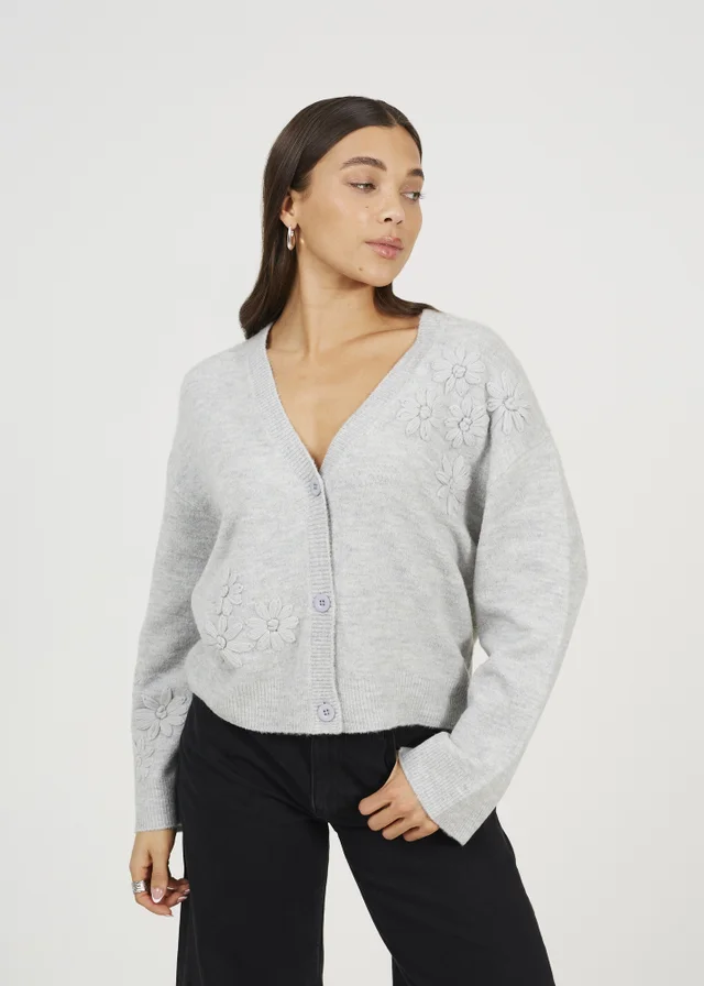 Brave Soul Light Grey Floral Embroidery V-Neck Cardigan