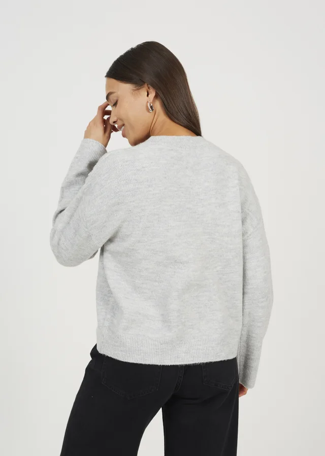 Brave Soul Light Grey Floral Embroidery V-Neck Cardigan