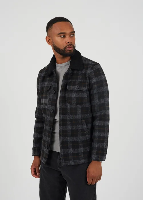 Brave Soul Black Checked Jacket With Sherpa Collar - M Image 1