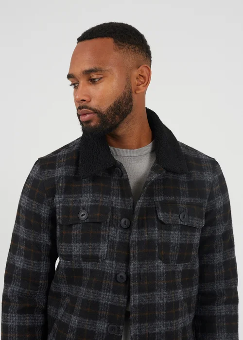 Brave Soul Black Checked Jacket With Sherpa Collar - M Image 3