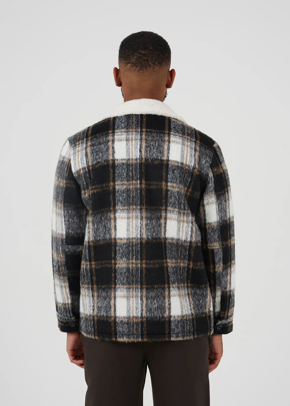Brave Soul Black Brushed Check Jacket With Sherpa Collar - L Image 2