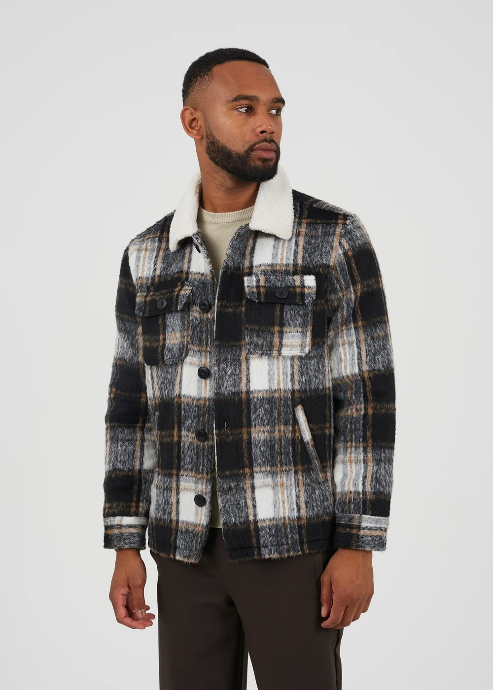 Brave Soul Black Brushed Check Jacket With Sherpa Collar - L Image 1