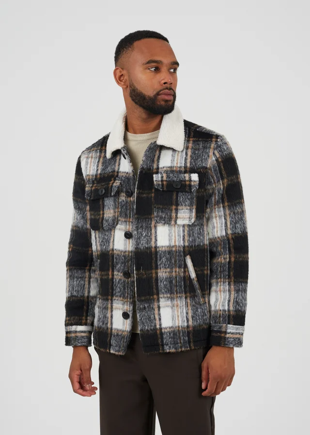 Brave Soul Black Brushed Check Jacket With Sherpa Collar