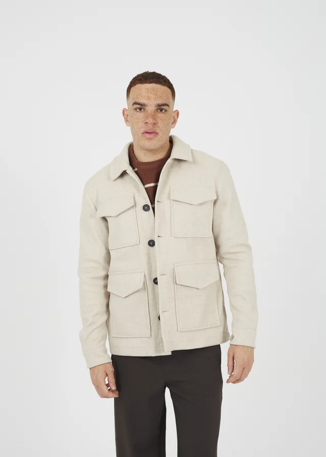 Brave Soul Stone Wool-Look Four Pocket Shacket