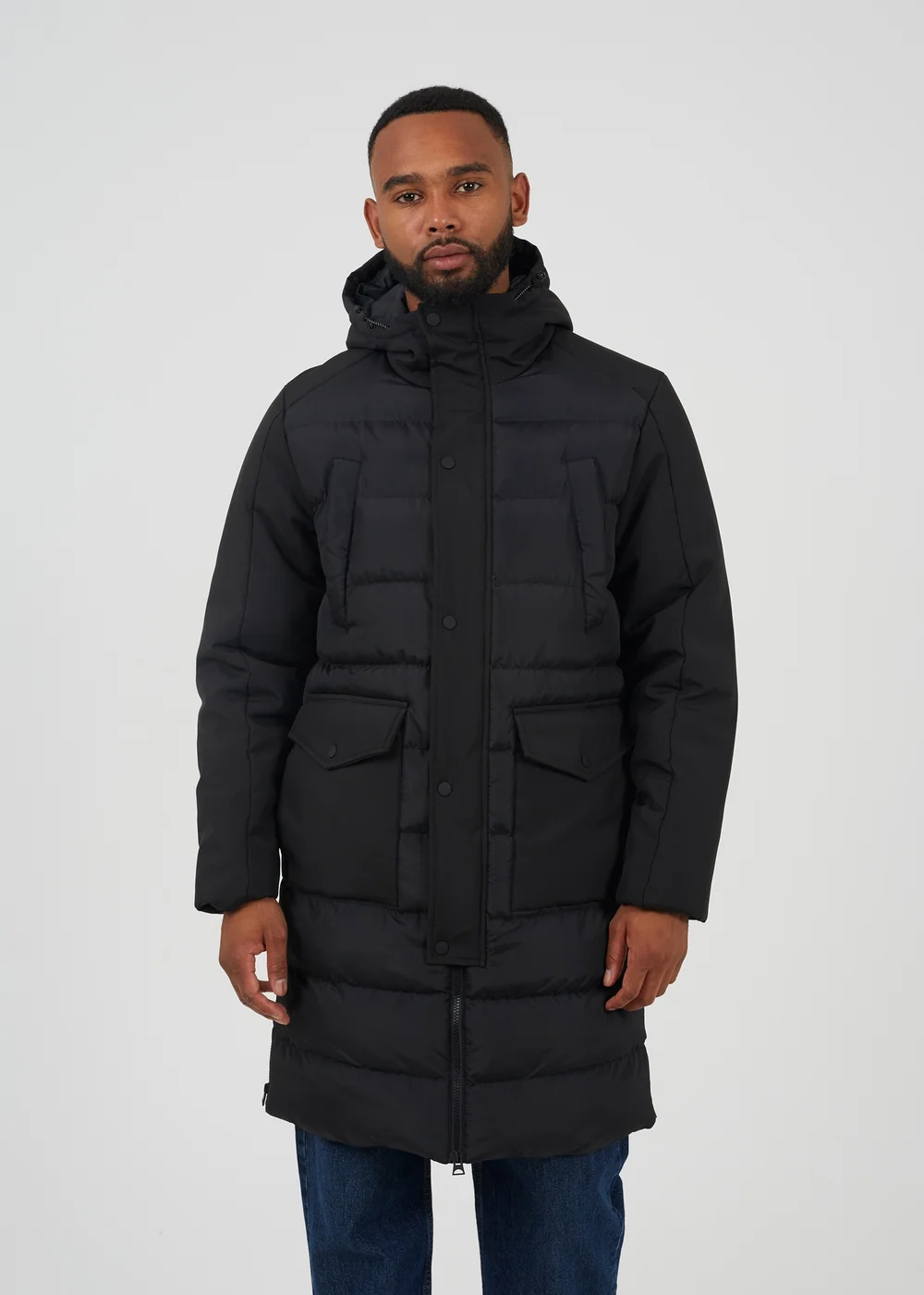 Brave Soul Black Padded Hooded Longline Jacket - S Image 1