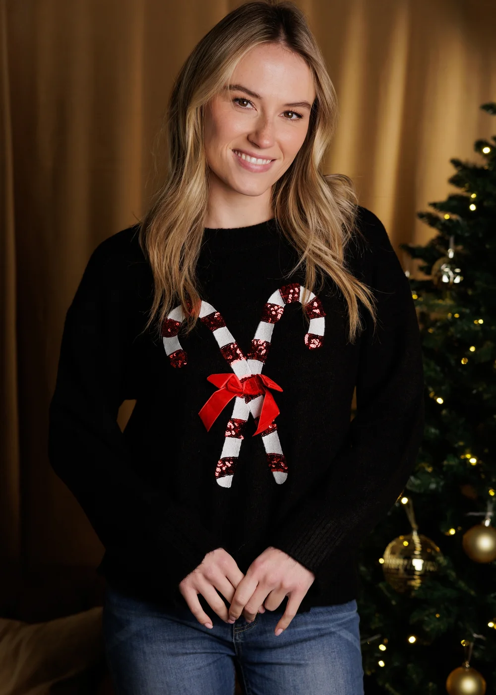 Brave Soul Black Crew Neck Sequin Graphic Christmas Jumper - XS Image 1