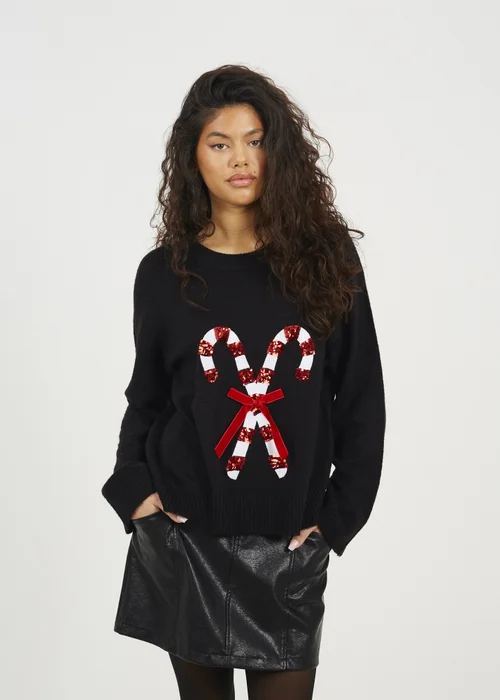 Brave Soul Black Crew Neck Sequin Graphic Christmas Jumper - XS Image 2