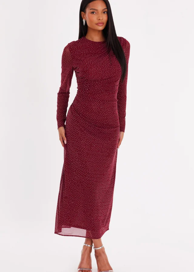 Quiz Burgundy Mesh Diamante Midaxi Dress