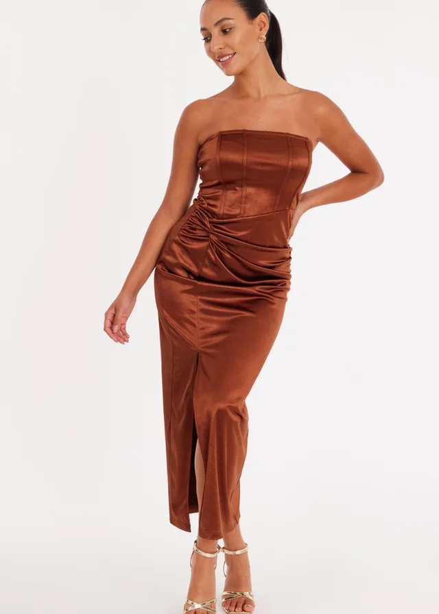 Quiz Brown Petite Satin Corset Midaxi Dress