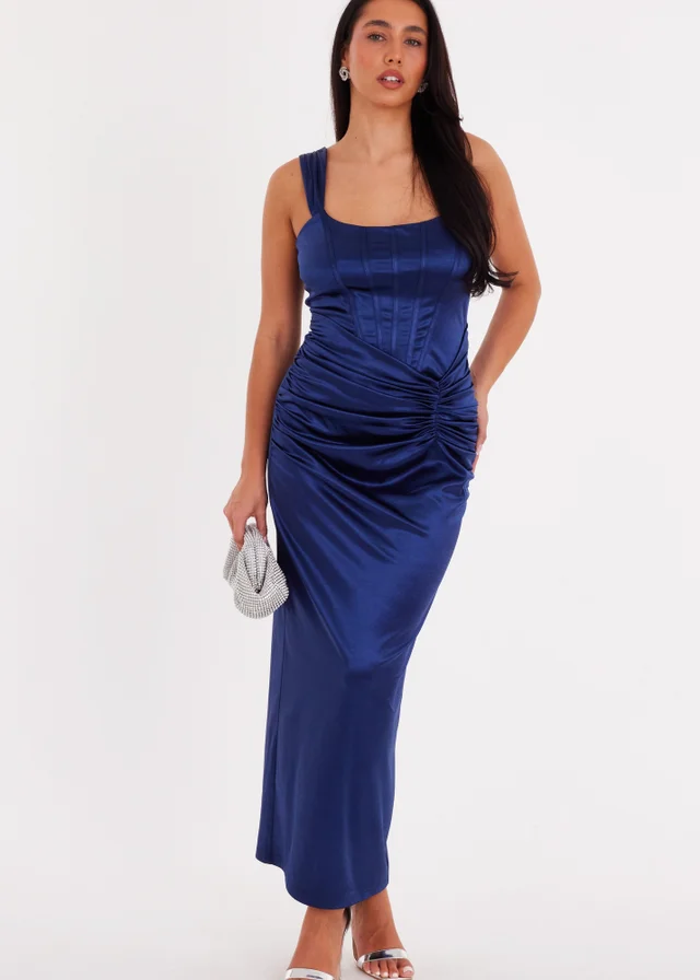 Quiz Navy Square Neck Satin Midaxi Dress
