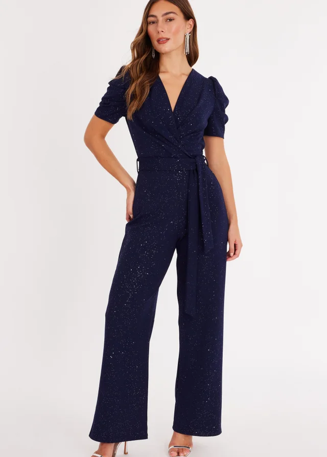 Quiz Navy Glitter Puff Sleeve Jumpsuit