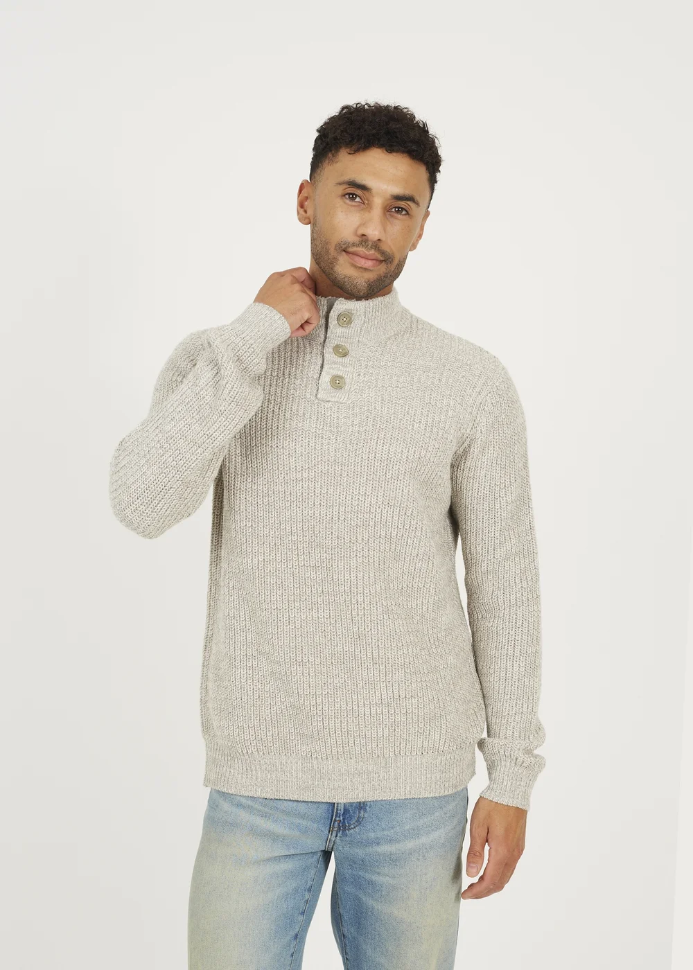 Brave Soul Natural Funnel Neck Jumper with Buttons - XXL Image 1