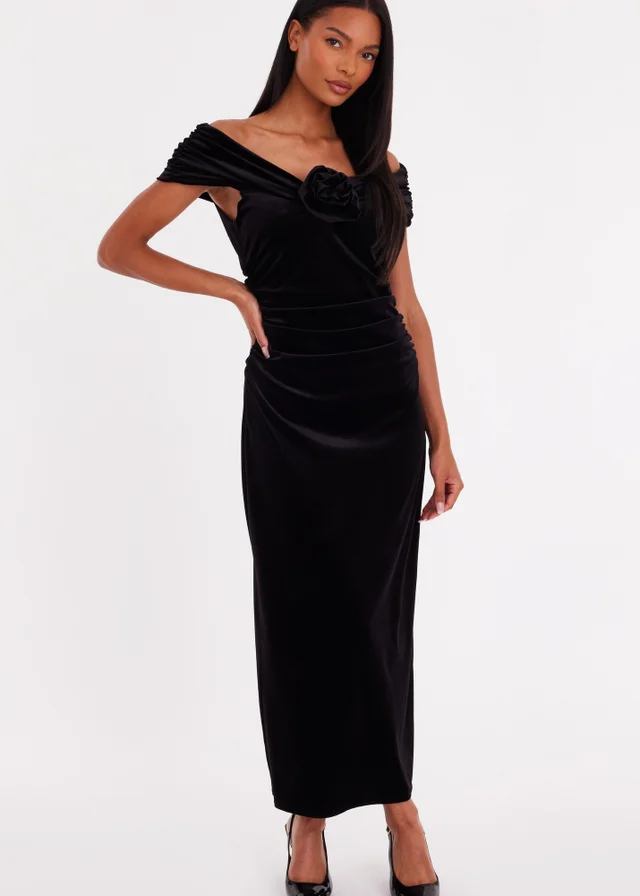 Quiz Black Velvet Corsage Midi Dress