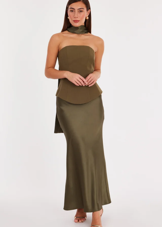 Quiz Green Strapless Satin Skirt Midaxi Dress