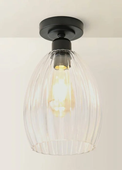 ValueLights Cheltenham Matte Black Flush Ceiling Light Ribbed Shade - One Size Image 3