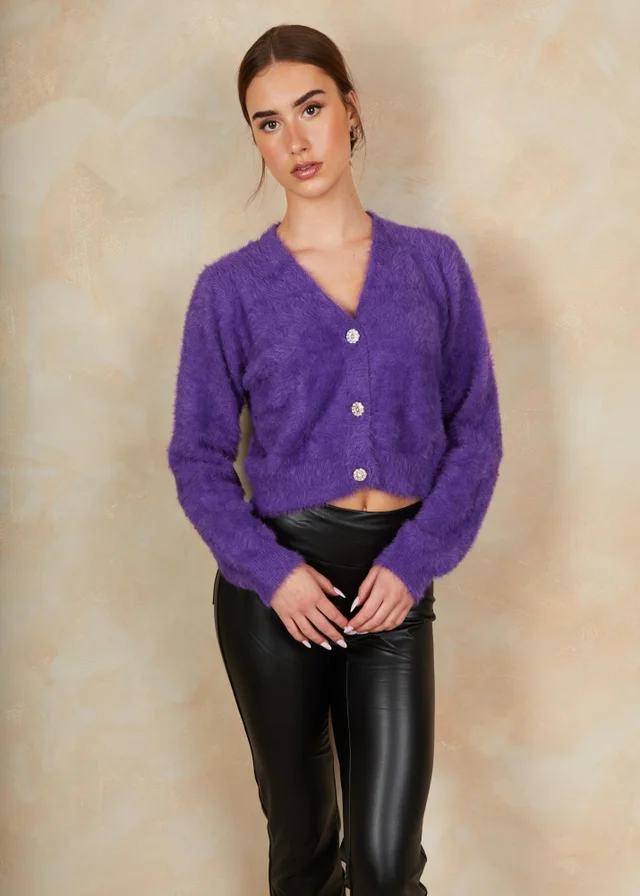 Chi Chi London Purple Fluffy Yarn Knitted Cardigan