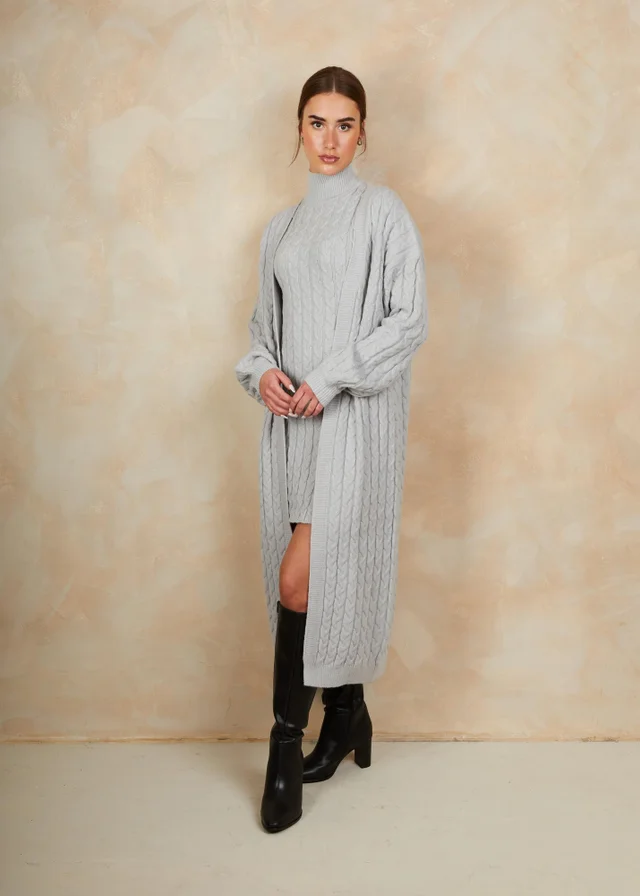 Chi Chi London Grey All-Over Knitted Cable Longline Cardigan
